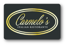 Carmelos Ristorante logo in gold on a solid black background.